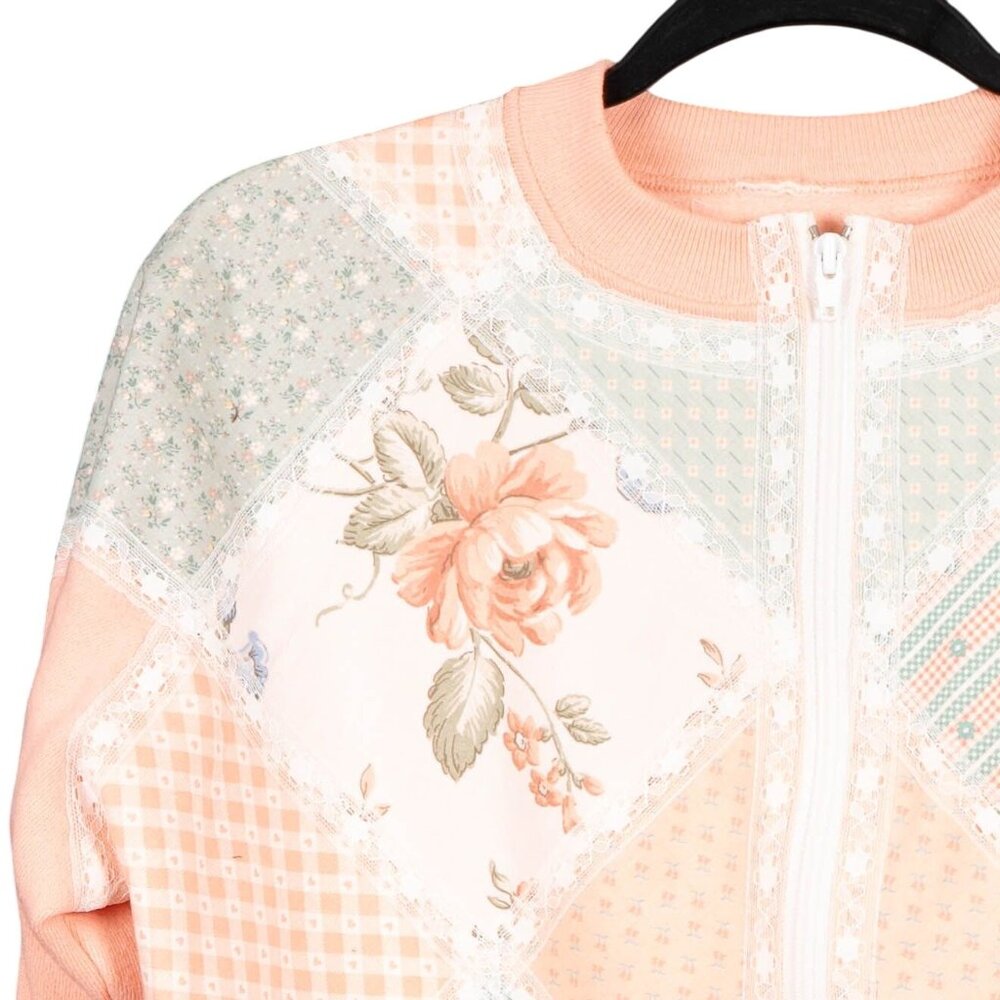 Patchwork Cardigan Sweatshirt M Peach Lace Floral Zip Checked 90s Mom Grammacore - Picture 2 of 5